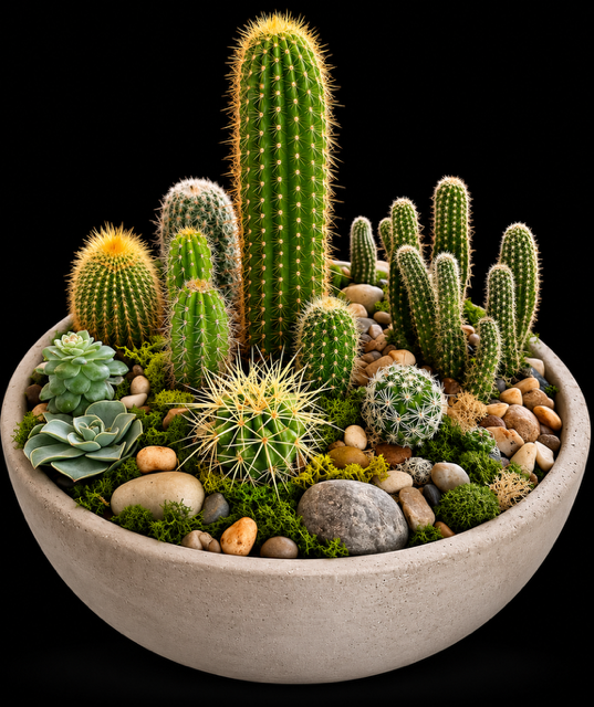 Concrete Bowl Cactus & Succulent Garden — botanical art by April Stiles