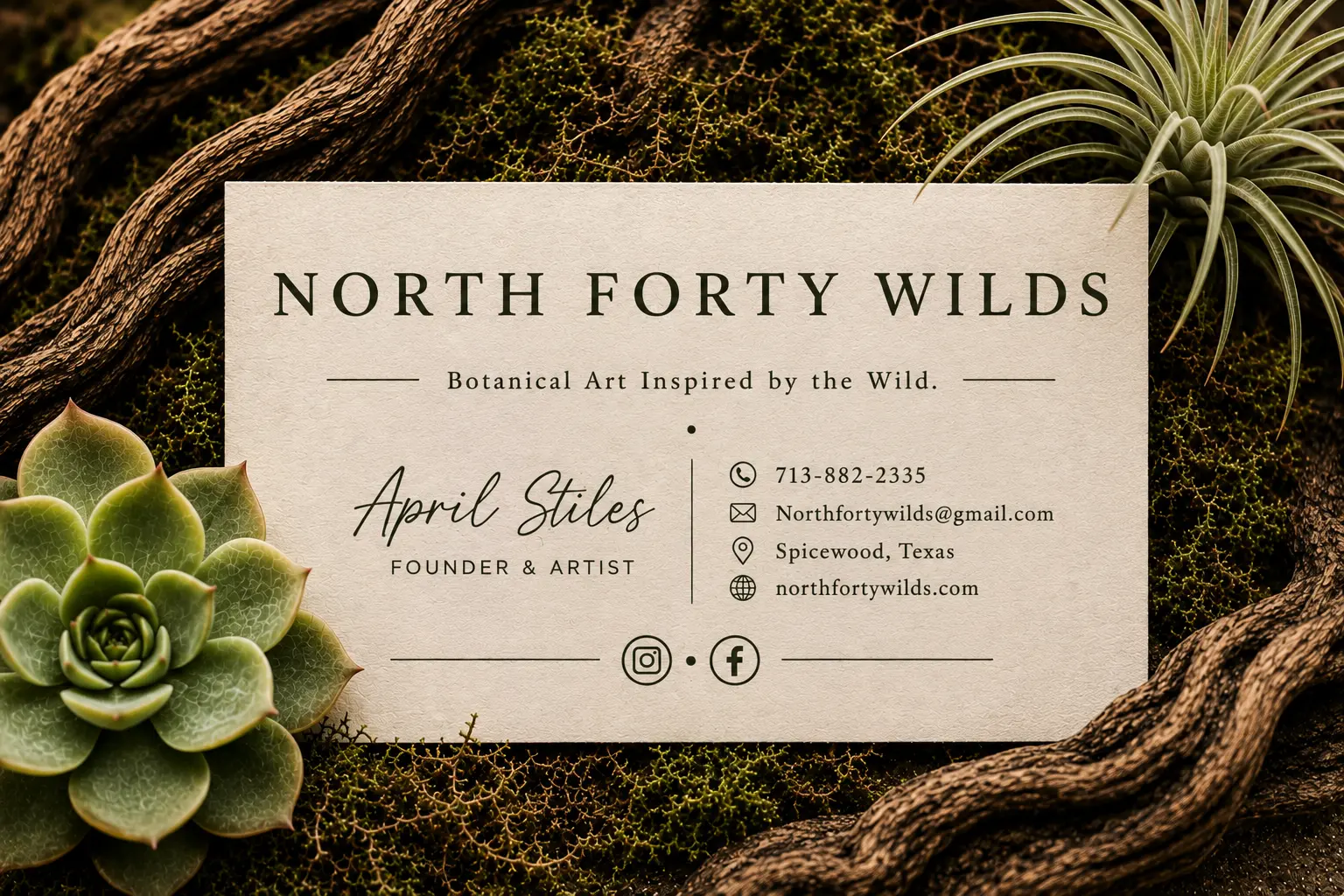 North Forty Wilds business card for April Stiles, botanical artist