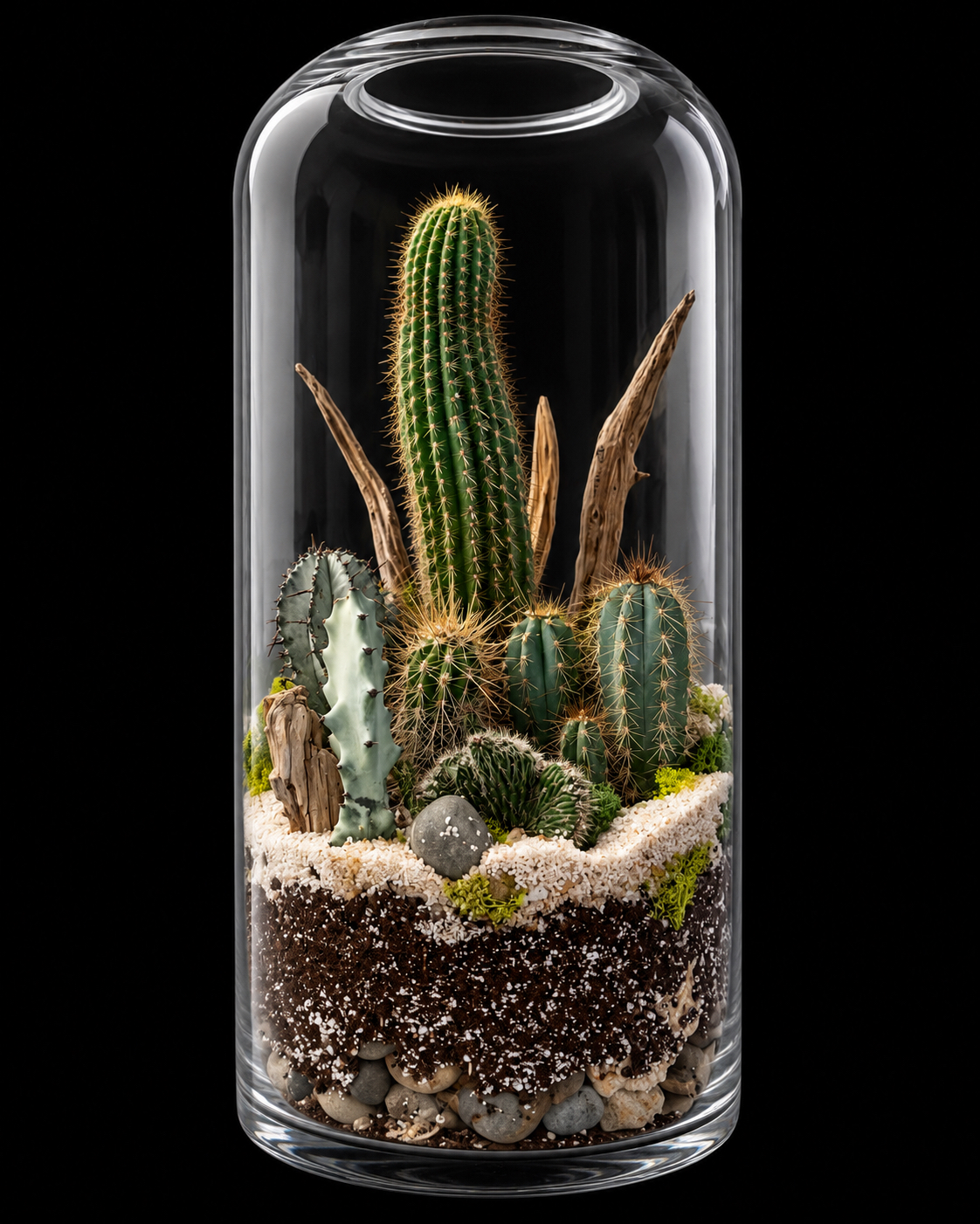 Cactus & Driftwood Cylinder Terrarium — botanical art by April Stiles