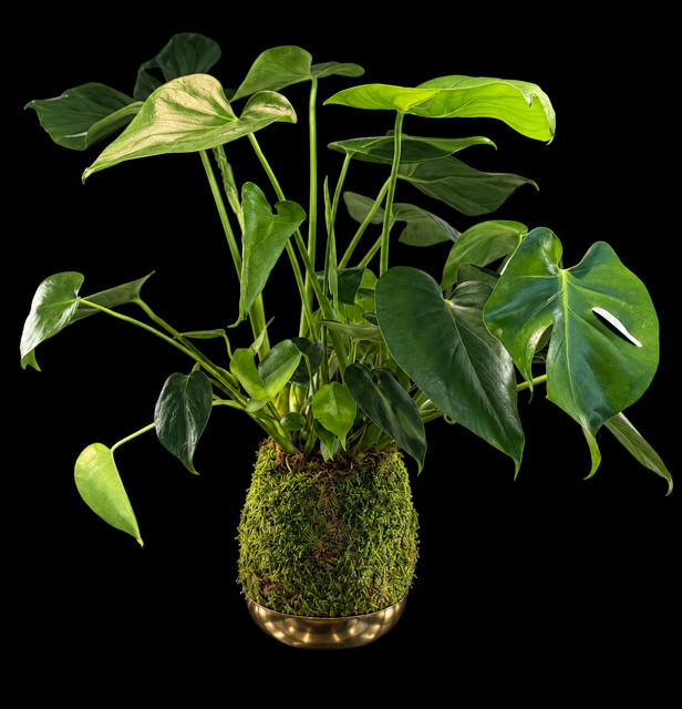 Monstera Kokedama Hand Wrapped Moss Ball in Gold Dish — botanical art by April Stiles